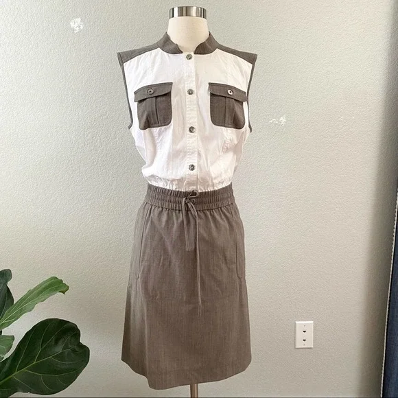 ST. JOHN Wool Blend Safari Utility Sleeveless Dress Size 12 - Picture 2 of 14